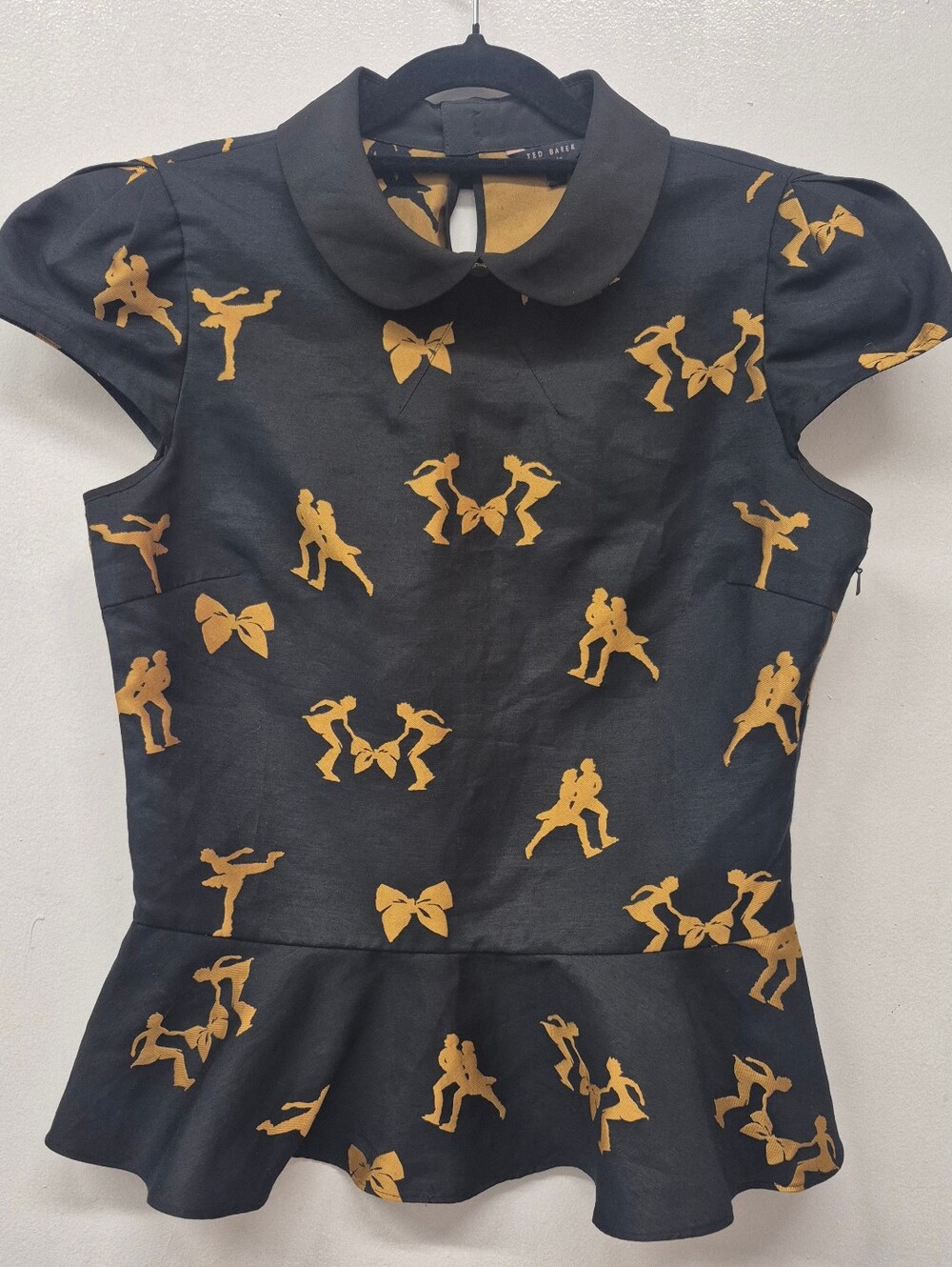 Ted Baker Faunah Peplum Top Black Metallic Gold Dancer Silhouette Jacquard Siz 2